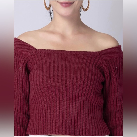 Women Maroon Ribbed Off-Shoulder - Picture 3 of 5